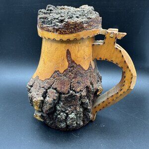 Vtg German Hand Carved Birch Wood Beer Stein Mug Lidded Tree Bark Wood Art
